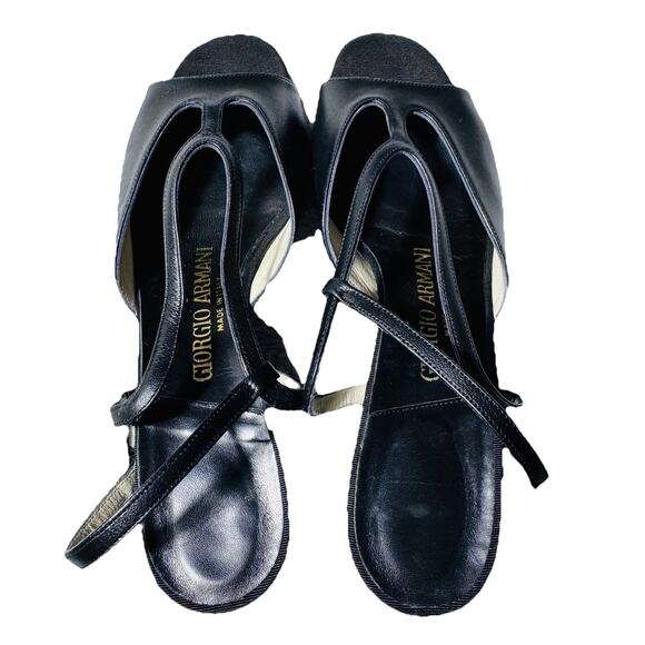 GIORGIO ARMANI BLACK KITTEN HEEL OPEN TOE T-STRAP SHOES 39 ITALY OLD MONEY - Picture 6 of 6